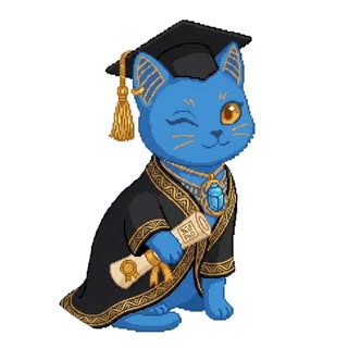 学帽と黒金のローブ、青い宝石を身につけたウィンクする青猫のりゅうせい